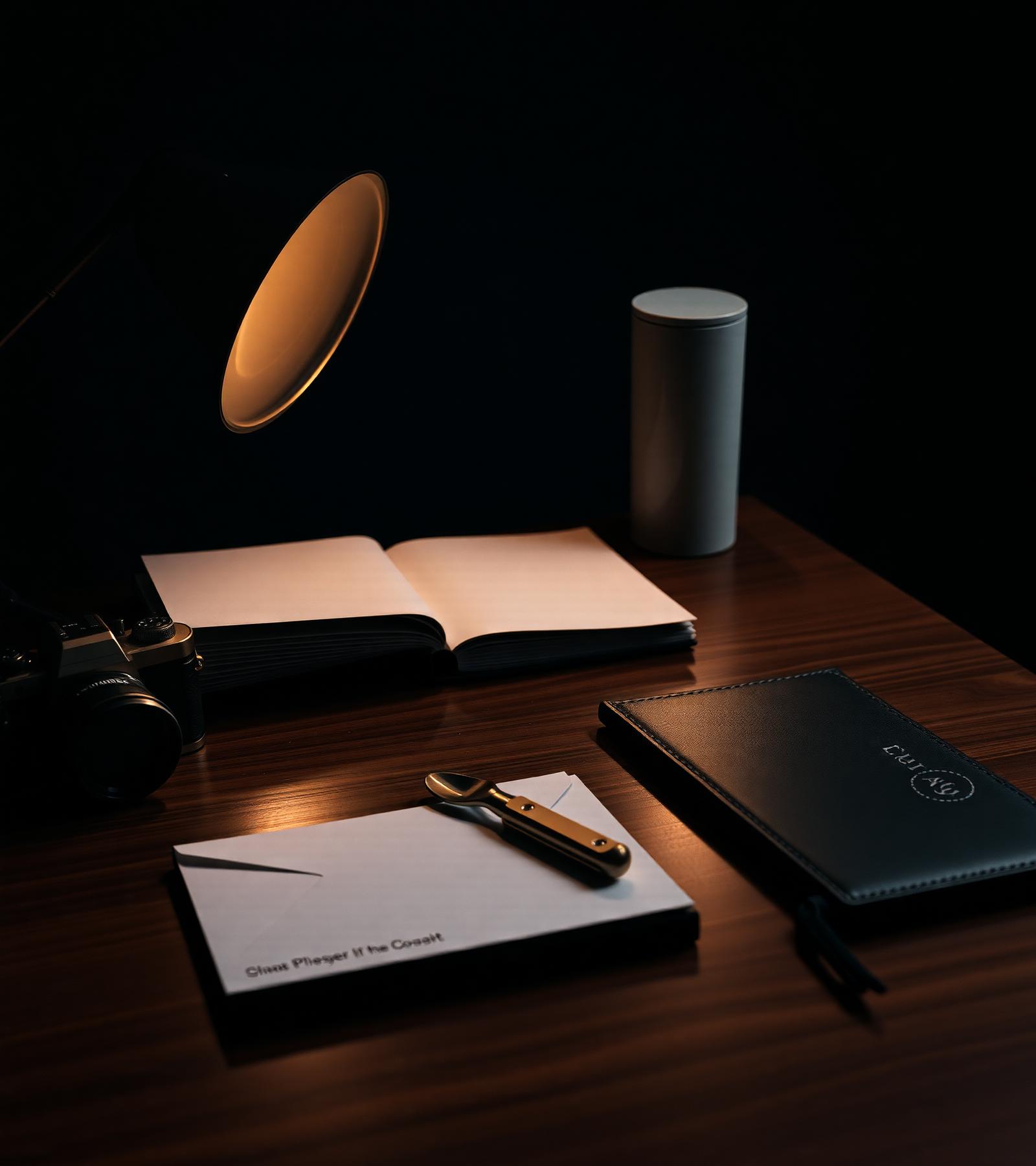 Mesa de trabalho do Estúdio Carlos Lima com papelaria premium e equipamento fotográfico